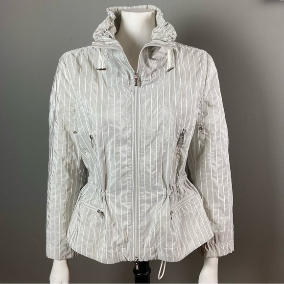 Armani jacket size small sporty windbreaker silver grey white cinch waist
